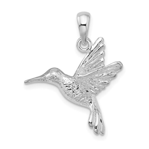 925 Sterling Silver RH Plated Hummingbird Charm Pendant Necklace. 2-D Textured - Picture 1 of 9